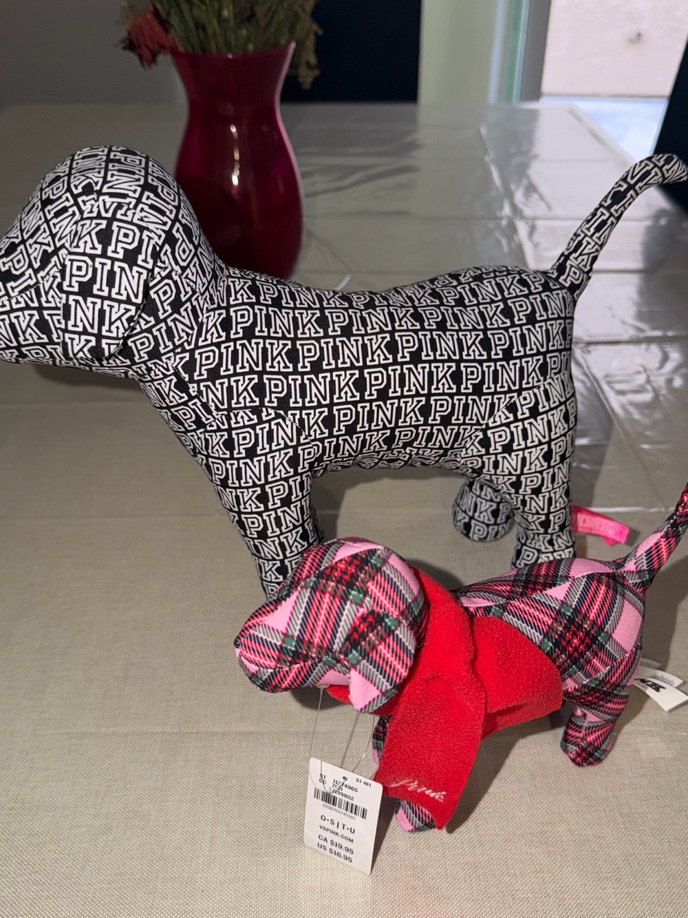 PINK Logo Dog Plush Display + Plaid Puppy Twin Set - Black, White, Pink, Red